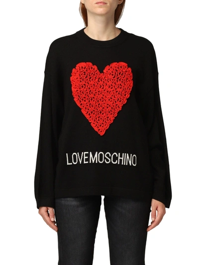 Love Moschino Embossed Heart Ruffle Wool Blend Women's Sweater In Black