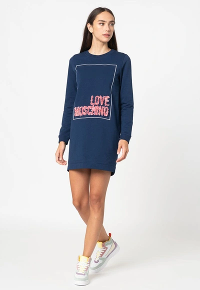 Love Moschino Chic Blue Relief Dress With Signature Women's Design