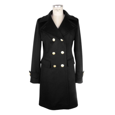 Made In Italy Elegant Black Woolen Coat With Gold Women's Buttons