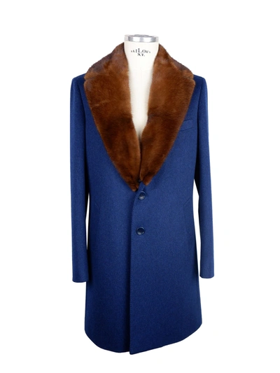 Made In Italy Elegant Virgin Wool Coat With Mink Men's Fur In Blue