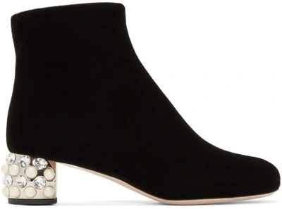 Miu Miu Embellished Block-heel Velvet Boots In Black