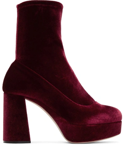 Miu Miu Burgundy Velvet 100 Platform Sock Boots In Red