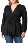 Kiyonna Plissé Puff Shoulder Top In Black