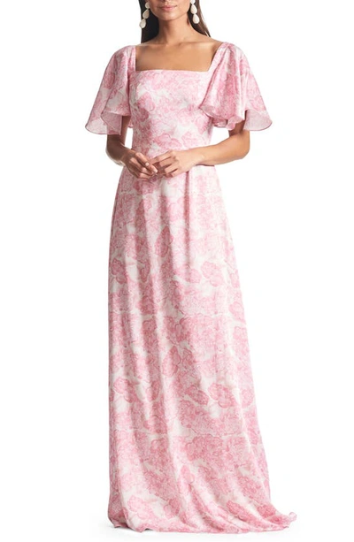 Sachin & Babi Aurora Floral Square Neck Crinkle Georgette Gown In Pink