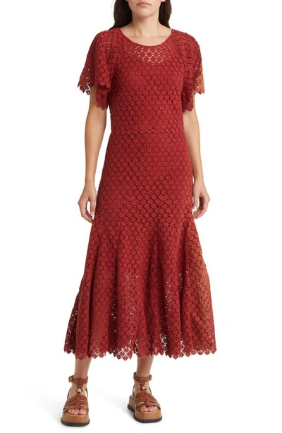 The Great The Harmony Cotton-guipure Lace Midi Dress In Red