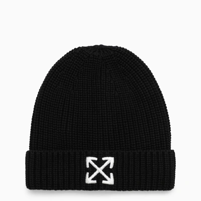 Off-white Embroidered-arrow Ribbed-knit Beanie In Black