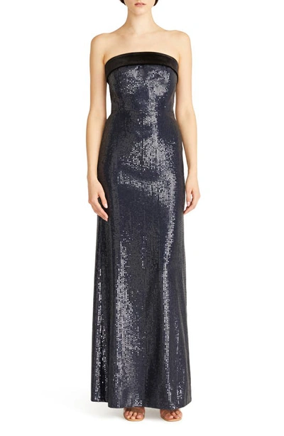 ml Monique Lhuillier Reese Strapless Sequin Column Gown In Blue