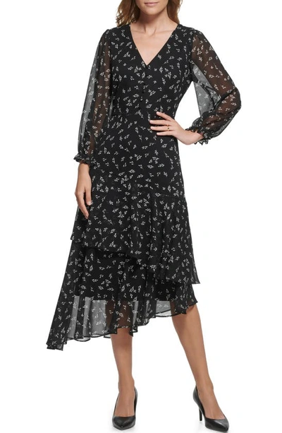 Karl Lagerfeld Printed Chiffon Midi With Smocked Waist And Hanky Hemline Dress In Black Multi