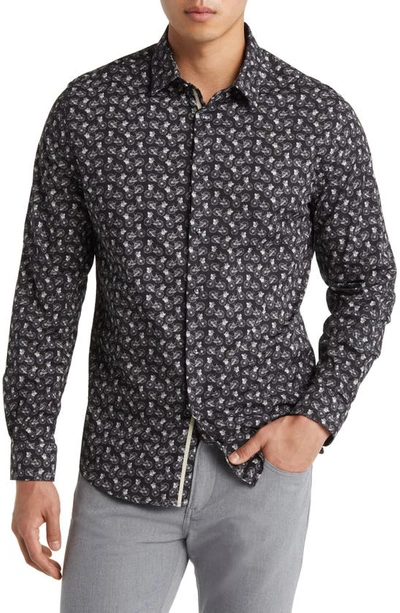 Stone Rose Bicycle Print Stretch Cotton Button-up Shirt In Black