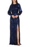 Dress The Population Calista Metallic Jacquard Stripe Long Sleeve Gown In Midnight Blue