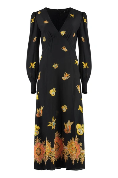 Etro Patterned Print Shirt-style Silk Dress For Women (ss23) In Black