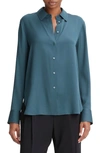 Vince Slim-fitted Stretch Silk Button-front Blouse In Azurine