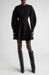 ALEXANDER MCQUEEN LANTERN SLEEVE CORSET DETAIL WOOL BLEND MINIDRESS