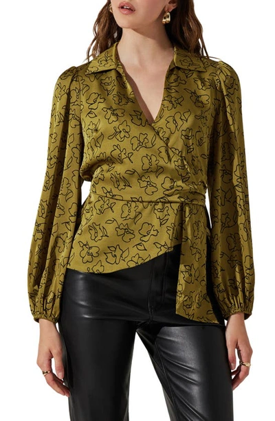 Astr The Label Side Drape Wrap Top In Olive Floral Sketch