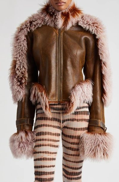 Jean Paul Gaultier X Knwls Shearling-trim Leather Jacket In Brown Lilac