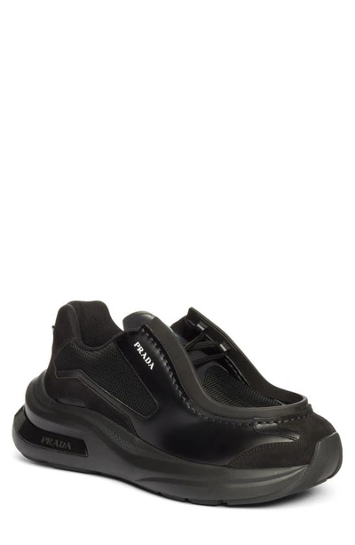 Prada Men's Systeme Brushed Leather Trainers With Bike Fabric In Black  