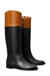 Tory Burch Bicolor Leather Double T Riding Boots In Perfect Black/bourbon