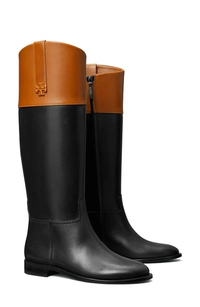 Tory Burch Bicolor Leather Double T Riding Boots In Perfect Black