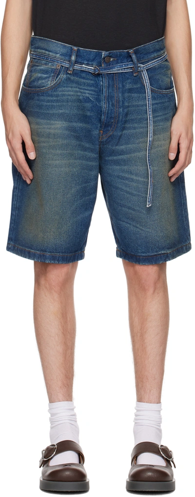 Acne Studios Blue Belted Denim Shorts In 863 Mid Blue