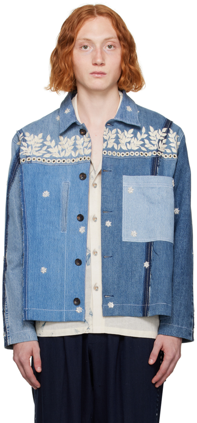 Karu Research Blue Paneled Denim Jacket In Light Indigo White