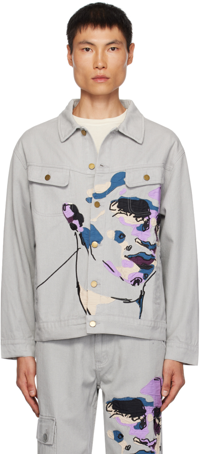 Kidsuper Face Abstract-print Regular-fit Denim Jacket In Grey