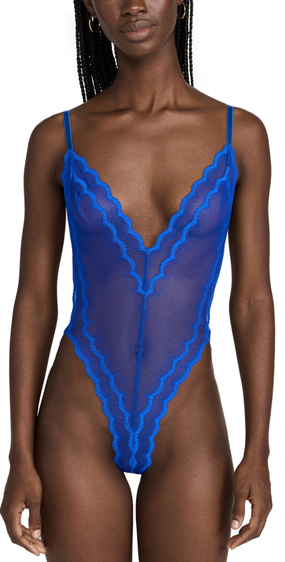 Suzy Black Jahger Rick Rack Lace Thong Bodysuit In Cobalt Blue