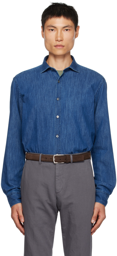 Zegna Long-sleeved Denim Shirt In 002 Ink Blue