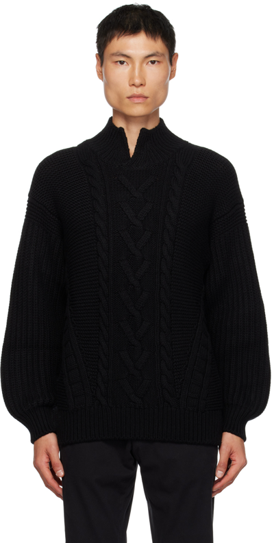 Zegna Cable Stitch Split Turtleneck Cashmere Sweater In Black Solid