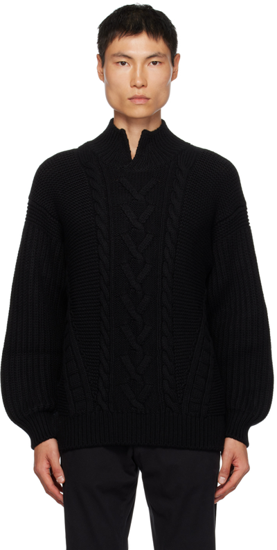 Zegna Cable Stitch Split Turtleneck Cashmere Sweater In K09 Black