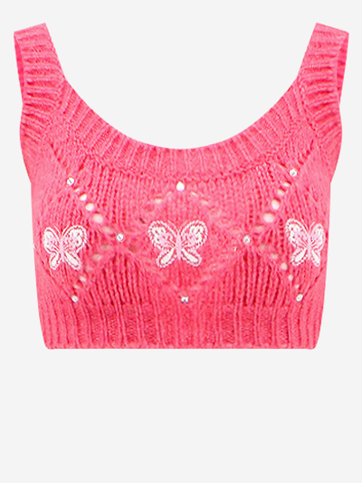Alessandra Rich Wool Blend Top With Butterfly Embroideries In Pink