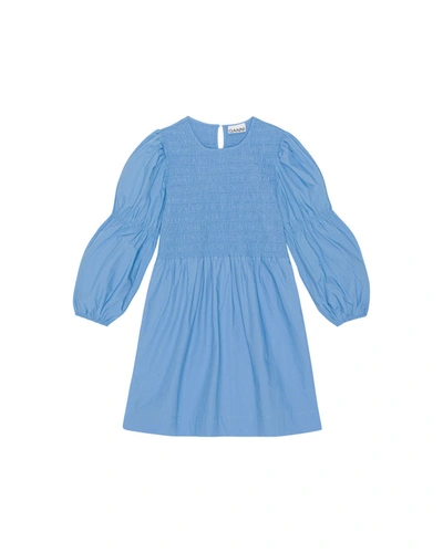 Ganni Long Sleeve Blue Cotton Poplin Mini Smock Dress In Silver Lake Blue