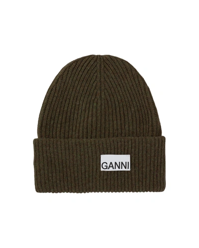 Ganni Logo-patch Recycled Wool-blend Beanie Hat In Green