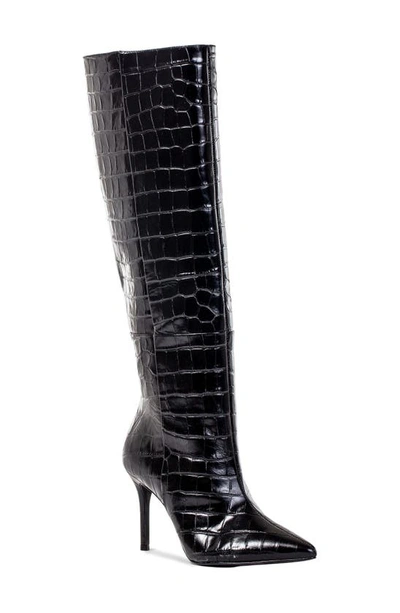 Black Suede Studio Tory Croc Embossed Knee High Boot In Black Croc