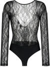Pinko Chantilly Lace Long-sleeve Bodysuit In Black