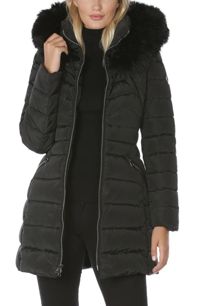 Laundry By Shelli Segal Faux Fur Trim Hooded Puffer Jacket In Black