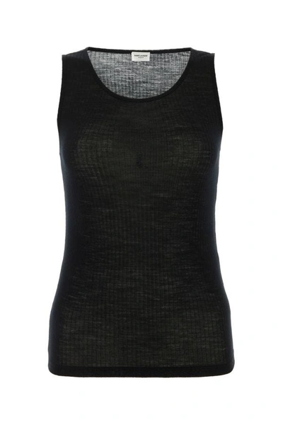 Saint Laurent Logo-embroidered Wool Tank Top In Black