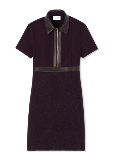 St John Terry Tweed And Leather Dress In Aubergine