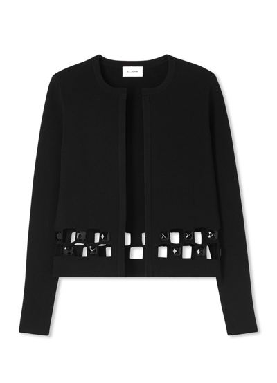 St John Damier Cutout Knit Cardigan With Cabochon Stone In Black