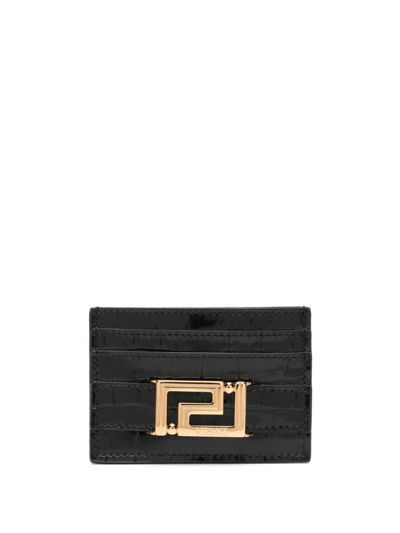 Versace Greca Goddess Crocodile-embossed Cardholder In Black