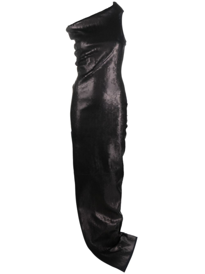 Rick Owens Asymmetric-neck Sequinned Maxi Dress In Black