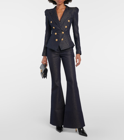 Balmain Metallic Striped Denim Flared Trousers In Blue