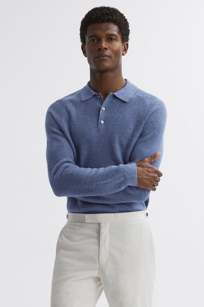 Reiss Holms - Blue Melange Wool Long Sleeve Polo Shirt, M