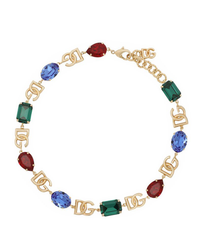 Dolce & Gabbana Logo-plaque Crystal-embellished Necklace In Gold,multi