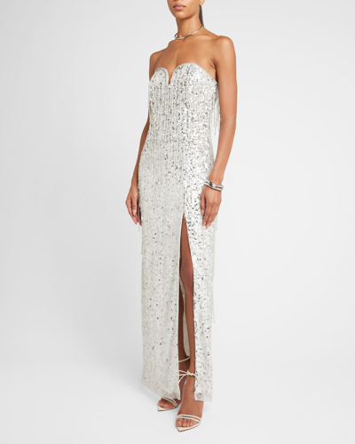 Liv Foster Strapless Bead-fringe Sequin Column Gown In Silver