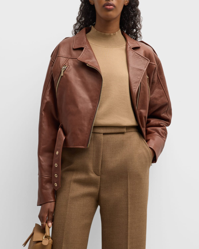 Lafayette 148 Belted Cropped Leather Moto Jacket In Brown