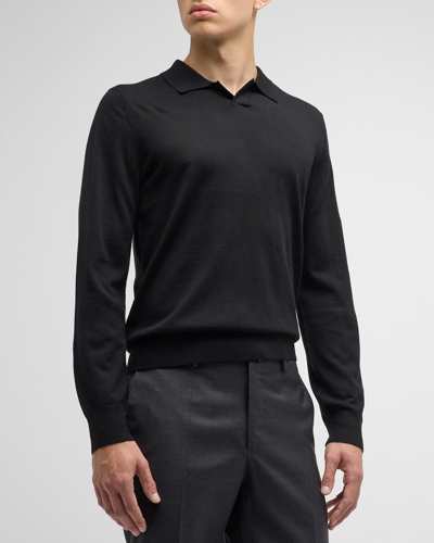 Vince Johnny Collar Long Sleeve Wool Polo In Black