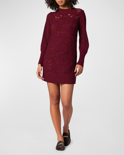 Joie Aldina Floral Crochet Mini Sweater Dress In Oxblood_red