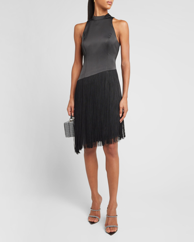 Liv Foster Sleeveless Mock-neck Fringe Midi Dress In Black