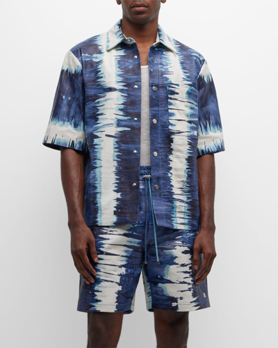 Amiri Tie-dye Short-sleeve Leather Shirt In Blue