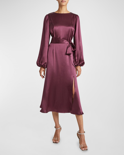Santorelli Parker Blouson-sleeve Silk Charmeuse Midi Dress In Plum